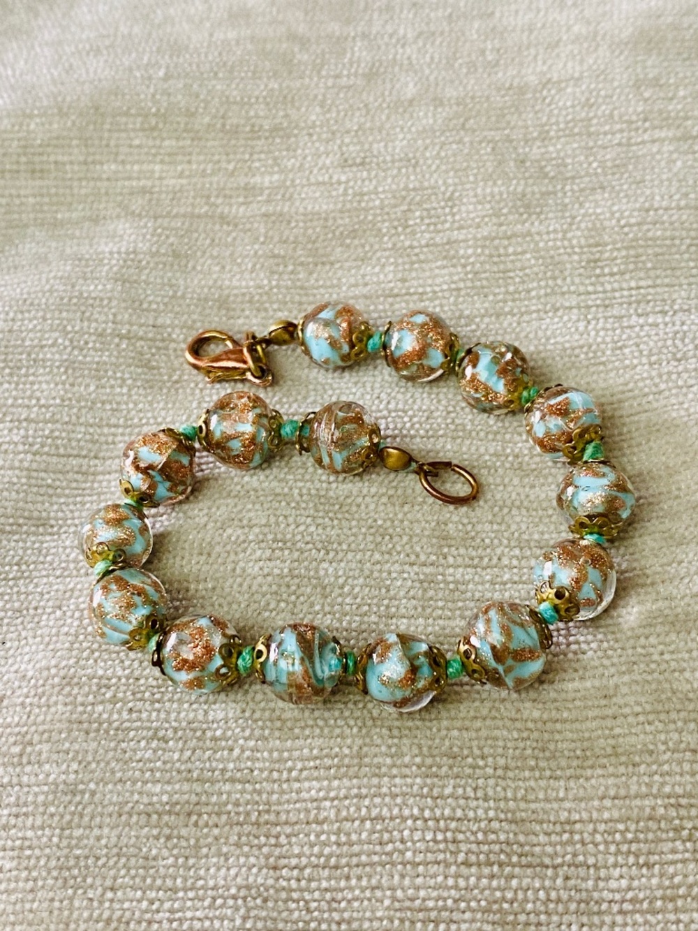 Vintage Venetian Gold Foil Glass Bead Bracelet Aqua Blue Murano Style Art Glass